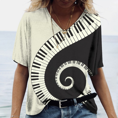 Zene Piano Print női póló V-nyakú, túlméretezett pulóver Harajuku ruházat, divat, rövid ujjú, bő felsők nyári alappólók