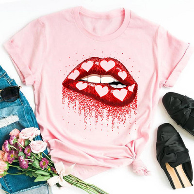 Alkalmi felső rózsaszín leopárdmintás ajkak női felső új női szexi ajakmintás női póló női divat felső