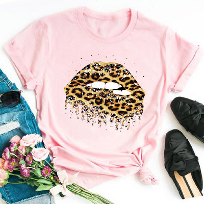 Alkalmi felső rózsaszín leopárdmintás ajkak női felső új női szexi ajakmintás női póló női divat felső