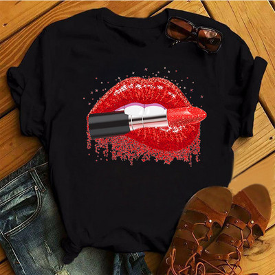 Alkalmi felső rózsaszín leopárdmintás ajkak női felső új női szexi ajakmintás női póló női divat felső