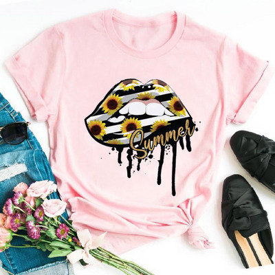 Alkalmi felső rózsaszín leopárdmintás ajkak női felső új női szexi ajakmintás női póló női divat felső