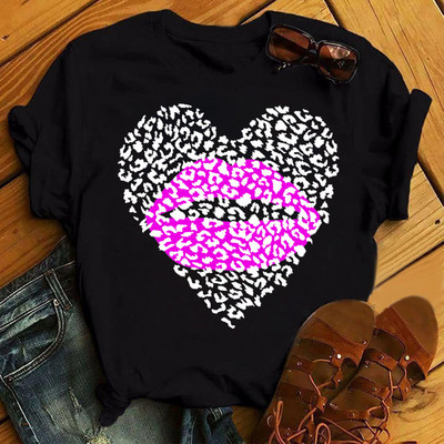 Alkalmi felső rózsaszín leopárdmintás ajkak női felső új női szexi ajakmintás női póló női divat felső