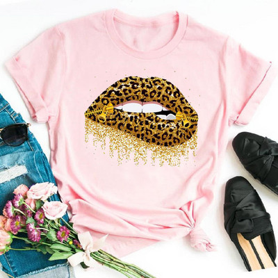 Alkalmi felső rózsaszín leopárdmintás ajkak női felső új női szexi ajakmintás női póló női divat felső