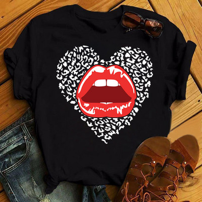 Alkalmi felső rózsaszín leopárdmintás ajkak női felső új női szexi ajakmintás női póló női divat felső