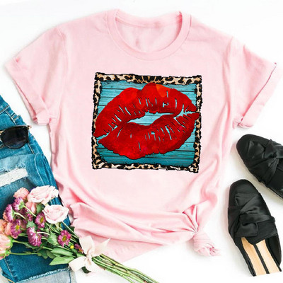 Alkalmi felső rózsaszín leopárdmintás ajkak női felső új női szexi ajakmintás női póló női divat felső