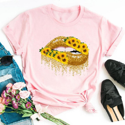 Alkalmi felső rózsaszín leopárdmintás ajkak női felső új női szexi ajakmintás női póló női divat felső