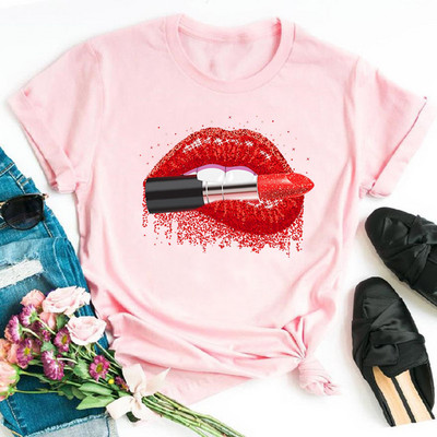 Alkalmi felső rózsaszín leopárdmintás ajkak női felső új női szexi ajakmintás női póló női divat felső