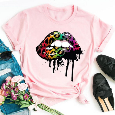 Alkalmi felső rózsaszín leopárdmintás ajkak női felső új női szexi ajakmintás női póló női divat felső