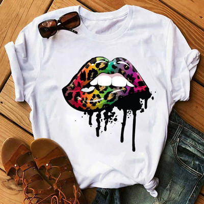 Alkalmi felső rózsaszín leopárdmintás ajkak női felső új női szexi ajakmintás női póló női divat felső