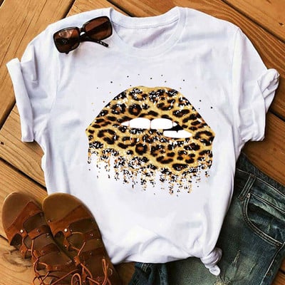 Alkalmi felső rózsaszín leopárdmintás ajkak női felső új női szexi ajakmintás női póló női divat felső