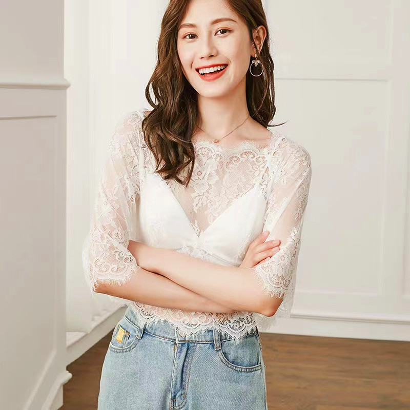 Ženske bluze Ljeto Proljeće prozirne Feminina Mesh Basic Top kratkih rukava Mock Neck Jednobojna izvezena cvjetna čipka