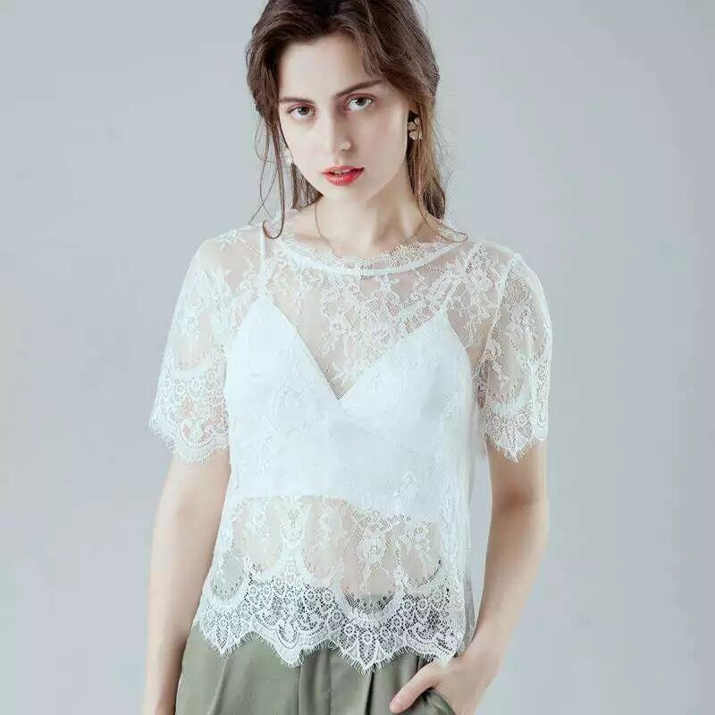 Ženske bluze Ljeto Proljeće prozirne Feminina Mesh Basic Top kratkih rukava Mock Neck Jednobojna izvezena cvjetna čipka