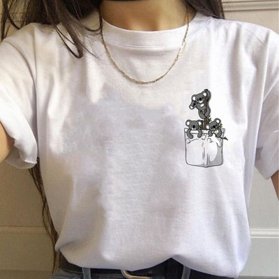 Paprasti mieli moteriški marškinėliai Vasariniai dideli marškinėliai Juokingi kišeniniai animaciniai filmukai Spausdinti marškinėliai Laisvalaikiai trumpomis rankovėmis O formos iškirptės marškinėliai marškinėliai