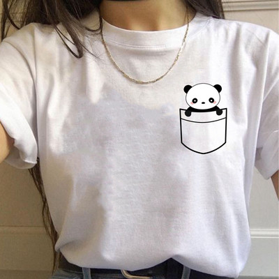 Paprasti mieli moteriški marškinėliai Vasariniai dideli marškinėliai Juokingi kišeniniai animaciniai filmukai Spausdinti marškinėliai Laisvalaikiai trumpomis rankovėmis O formos iškirptės marškinėliai marškinėliai