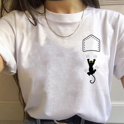 Paprasti mieli moteriški marškinėliai Vasariniai dideli marškinėliai Juokingi kišeniniai animaciniai filmukai Spausdinti marškinėliai Laisvalaikiai trumpomis rankovėmis O formos iškirptės marškinėliai marškinėliai