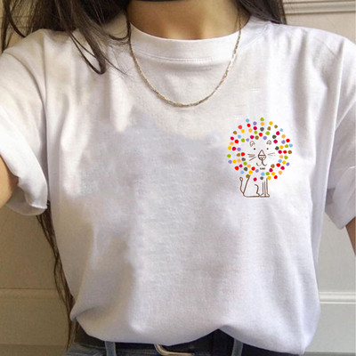 Paprasti mieli moteriški marškinėliai Vasariniai dideli marškinėliai Juokingi kišeniniai animaciniai filmukai Spausdinti marškinėliai Laisvalaikiai trumpomis rankovėmis O formos iškirptės marškinėliai marškinėliai