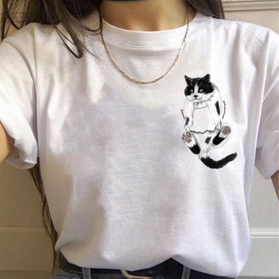 Paprasti mieli moteriški marškinėliai Vasariniai dideli marškinėliai Juokingi kišeniniai animaciniai filmukai Spausdinti marškinėliai Laisvalaikiai trumpomis rankovėmis O formos iškirptės marškinėliai marškinėliai