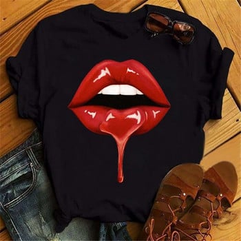 Fashion Lips Print Γυναικεία μπλουζάκι Casual κοντό μανίκι O λαιμό Φαρδύ γυναικείο μπλουζάκι Γυναικείο μπλουζάκι μπλουζάκι Ρούχα Camisetas Mujer