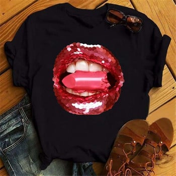 Fashion Lips Print Γυναικεία μπλουζάκι Casual κοντό μανίκι O λαιμό Φαρδύ γυναικείο μπλουζάκι Γυναικείο μπλουζάκι μπλουζάκι Ρούχα Camisetas Mujer