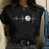 Tricou negru de damă New Moon Tricou casual de damă cu gât rotund Tricou de damă cu imprimeu Lunar Eclipse
