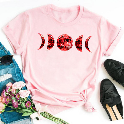 Tricou negru de damă New Moon Tricou casual de damă cu gât rotund Tricou de damă cu imprimeu Lunar Eclipse