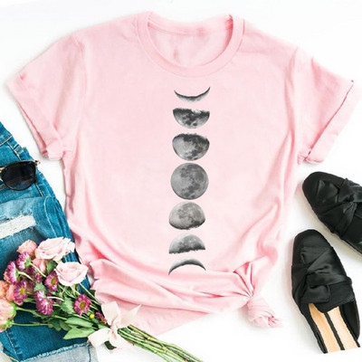 Tricou negru de damă New Moon Tricou casual de damă cu gât rotund Tricou de damă cu imprimeu Lunar Eclipse