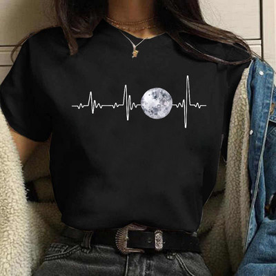 Tricou negru de damă New Moon Tricou casual de damă cu gât rotund Tricou de damă cu imprimeu Lunar Eclipse