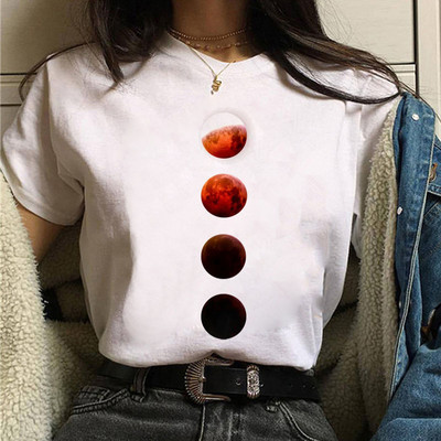 Tricou negru de damă New Moon Tricou casual de damă cu gât rotund Tricou de damă cu imprimeu Lunar Eclipse