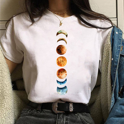 Tricou negru de damă New Moon Tricou casual de damă cu gât rotund Tricou de damă cu imprimeu Lunar Eclipse