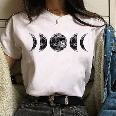 Tricou negru de damă New Moon Tricou casual de damă cu gât rotund Tricou de damă cu imprimeu Lunar Eclipse