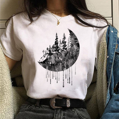 Tricou negru de damă New Moon Tricou casual de damă cu gât rotund Tricou de damă cu imprimeu Lunar Eclipse