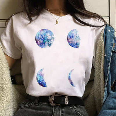 Tricou negru de damă New Moon Tricou casual de damă cu gât rotund Tricou de damă cu imprimeu Lunar Eclipse