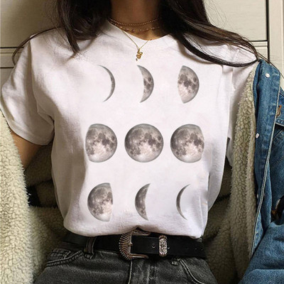 Tricou negru de damă New Moon Tricou casual de damă cu gât rotund Tricou de damă cu imprimeu Lunar Eclipse
