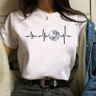 Tricou negru de damă New Moon Tricou casual de damă cu gât rotund Tricou de damă cu imprimeu Lunar Eclipse