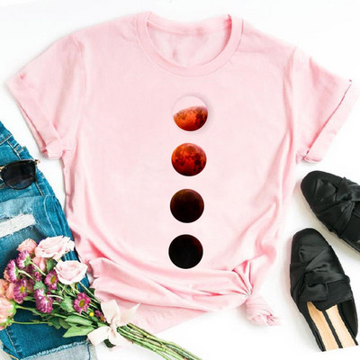 Tricou negru de damă New Moon Tricou casual de damă cu gât rotund Tricou de damă cu imprimeu Lunar Eclipse