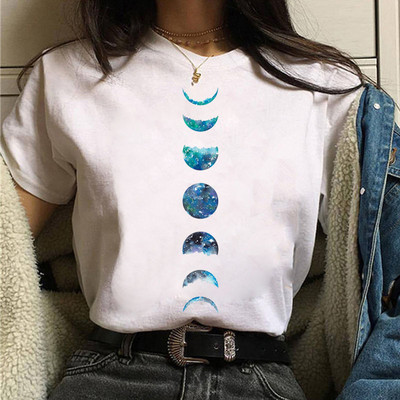 Tricou negru de damă New Moon Tricou casual de damă cu gât rotund Tricou de damă cu imprimeu Lunar Eclipse