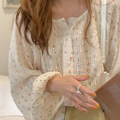 Ženske bluze s cvjetnim kopčanjem, jednorednim kopčanjem, šifon s okruglim izrezom, slatki, nježni, elegantni lampion rukavi Ulzzang vila Retro košulje Novo