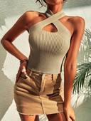 Vară noi femei Heart Criss Cross tricot cu nervuri fără mâneci Halter Crossfit Y2K Crop Top Haine Femei Sexy Casual Tank fără spate