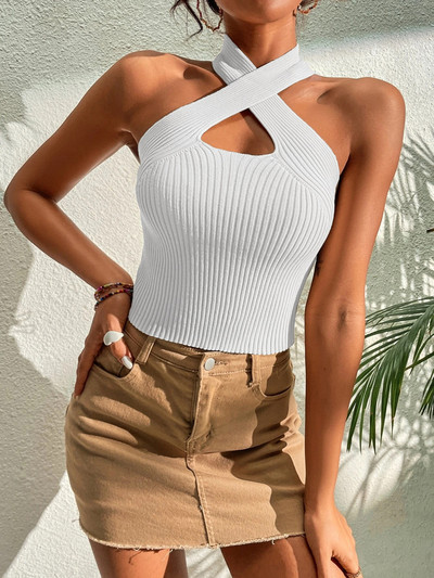Vară noi femei Heart Criss Cross tricot cu nervuri fără mâneci Halter Crossfit Y2K Crop Top Haine Femei Sexy Casual Tank fără spate