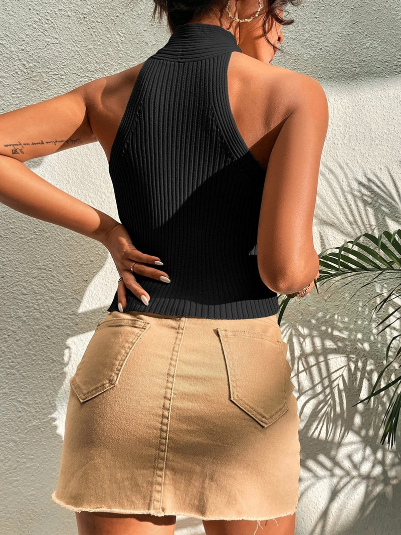 Vară noi femei Heart Criss Cross tricot cu nervuri fără mâneci Halter Crossfit Y2K Crop Top Haine Femei Sexy Casual Tank fără spate