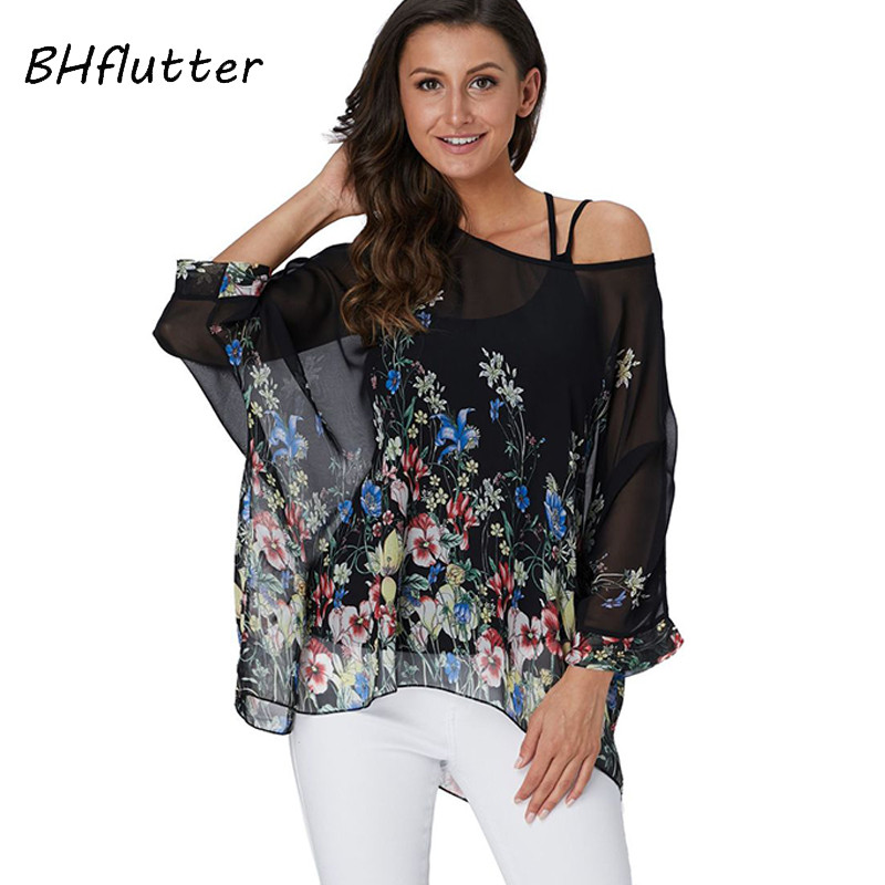 BHflutter 4XL 5XL 6XL Didelio dydžio palaidiniai marškinėliai, moteriški, nauji dryžuota spauda, vasariniai marškinėliai, rankovėmis, laisvalaikio šifono palaidinės, 2019 m.