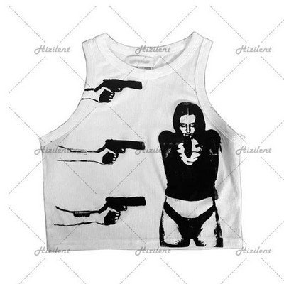 Crop Top cu imprimeu Y2K pentru femei, fără mâneci, vestă subțire, tricou Streetwear, vintage, gotic, haine Gunman, accesoriu pentru corset, cămașă, costum