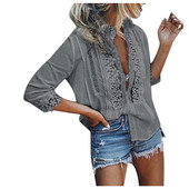 Bluze de modă pentru femei, solide, cu mânecă scurtă din dantelă, scobită, subțire, sexy, ocazională, cămăși de birou, bluză cu decolteu în V cu jumătate de mânecă