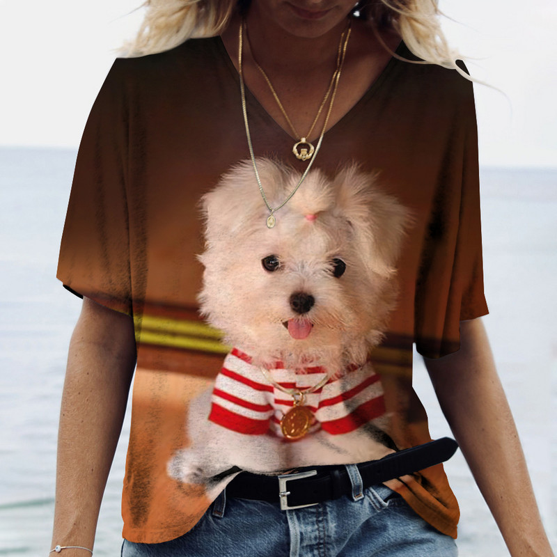 Ženske majice kratkih rukava s V-izrezom Ljeto Novo 3D simpatični otisak pasa Ležerno Lijepo Harajuku Svestrana Y2K odjeća Europska veličina