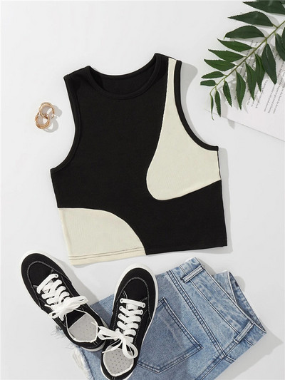 Tricou drăguț pentru femei, în stil preppy, mozaic, de vară, cu decolteu, fără mâneci, bodycon, crop tops, haine Y2K, îmbrăcăminte de stradă, vestă pentru bebeluși