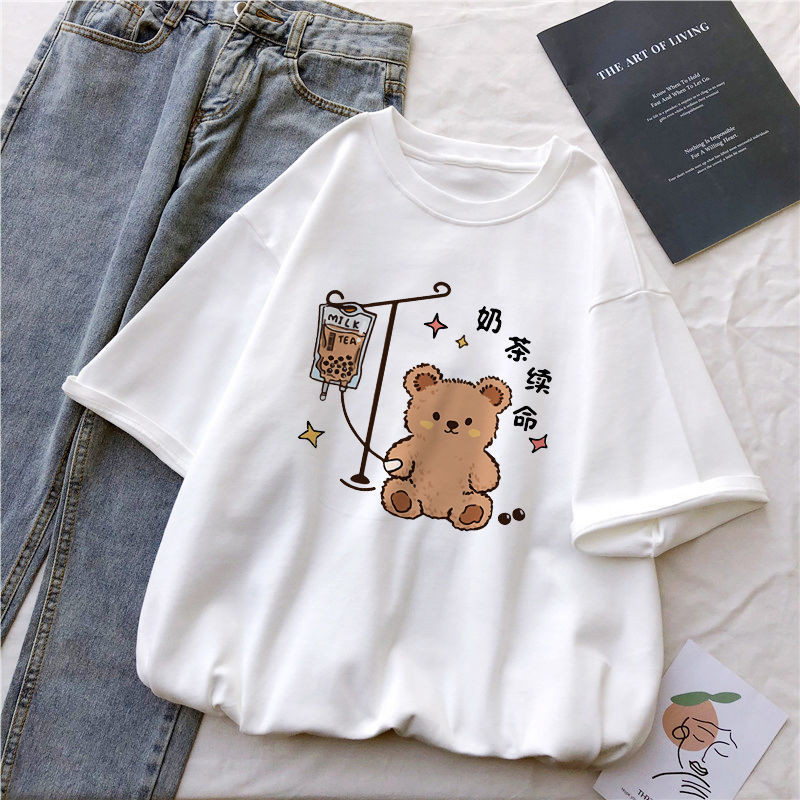 Kawaii ženske ležerne široke majice sa slatkim crtanim motivima i printom na cimetu, ležerna osnova Bijela majica Harajuku Streetwear majice