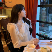 Ženske patchwork bluze Elegantne seksi modne dugih rukava s volanima Uske proljetne šifonske vintage nove prikladne ležerne retro korejske