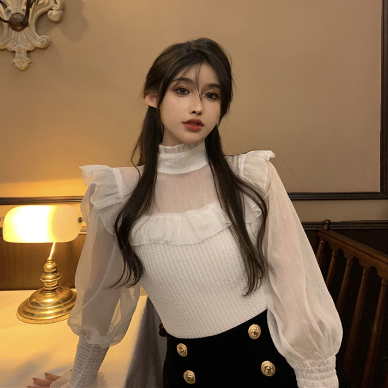 Ženske patchwork bluze Elegantne seksi modne dugih rukava s volanima Uske proljetne šifonske vintage nove prikladne ležerne retro korejske