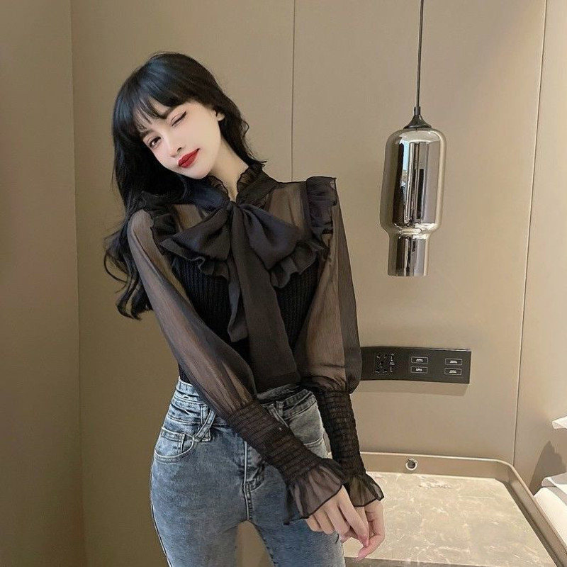 Ženske patchwork bluze Elegantne seksi modne dugih rukava s volanima Uske proljetne šifonske vintage nove prikladne ležerne retro korejske
