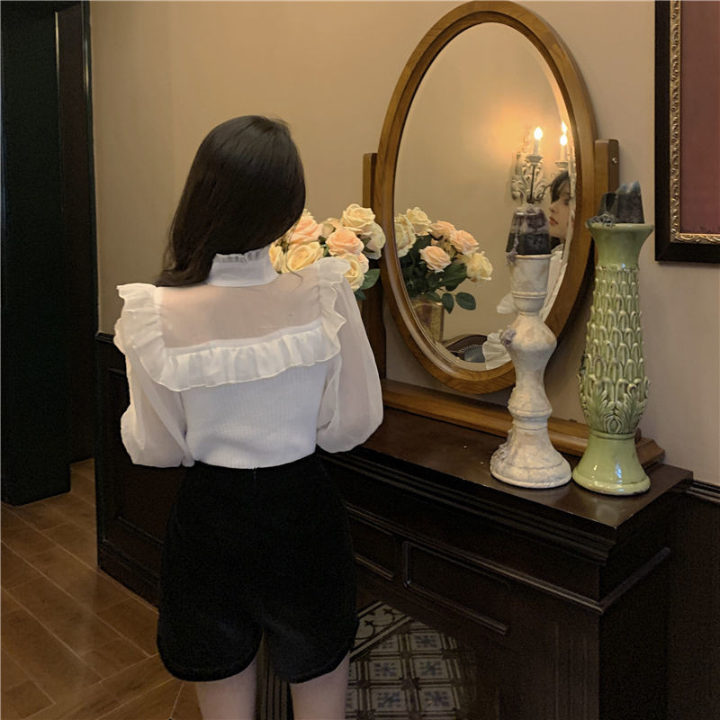 Ženske patchwork bluze Elegantne seksi modne dugih rukava s volanima Uske proljetne šifonske vintage nove prikladne ležerne retro korejske